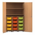 Flexeo Garagenschrank PRO, 3 Rollcontainer, 12 Boxen Gr, M, 2 Fächer Buche dunkel, bunt  (Zoom)