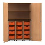Flexeo Garagenschrank PRO, 3 Rollcontainer, 12 Boxen Gr, M, 2 Fächer Buche dunkel, orange (Zoom)