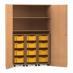 Flexeo Garagenschrank PRO, 3 Rollcontainer, 12 Boxen Gr, M, 2 Fächer Buche dunkel, gelb  (Zoom)