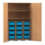 Flexeo Garagenschrank PRO, 3 Rollcontainer, 12 Boxen Gr, M, 2 Fächer Buche dunkel, hellblau (Zoom)