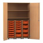Flexeo Garagenschrank PRO, 3 Rollcontainer, 18 Boxen Gr. S und M, 2 Fächer Buche dunkel, orange  (Zoom)