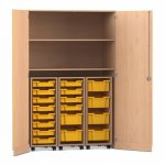 Flexeo Garagenschrank PRO, 3 Rollcontainer, 18 Boxen Gr. S und M, 2 Fächer Buche hell, gelb  (Zoom)