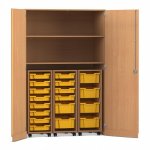 Flexeo Garagenschrank PRO, 3 Rollcontainer, 18 Boxen Gr. S und M, 2 Fächer Buche dunkel, gelb  (Zoom)