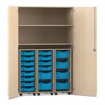 Flexeo Garagenschrank PRO, 3 Rollcontainer, 18 Boxen Gr. S und M, 2 Fächer Ahorn honig, hellblau  (Zoom)