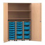 Flexeo Garagenschrank PRO, 3 Rollcontainer, 18 Boxen Gr. S und M, 2 Fächer Buche hell, hellblau  (Zoom)