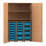 Flexeo Garagenschrank PRO, 3 Rollcontainer, 18 Boxen Gr. S und M, 2 Fächer Buche dunkel, hellblau  (Zoom)