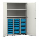 Flexeo Garagenschrank PRO, 3 Rollcontainer, 18 Boxen Gr. S und M, 2 Fächer weiß, hellblau  (Zoom)