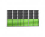 Flexeo Systemschrankwand Altair, 96 kleine Boxen, 18 Fächer grau, grün  (Zoom)
