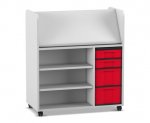 Flexeo Bücherwagen fahrbar, 2 kleine, 2 große Boxen grau, rot (Zoom)
