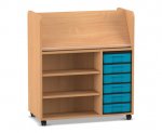 Flexeo Bücherwagen fahrbar, beidseitig, 6 kleine Boxen Buche dunkel, blau (Zoom)