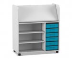 Flexeo Bücherwagen fahrbar, beidseitig, 6 kleine Boxen grau, blau  (Zoom)