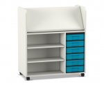 Flexeo Bücherwagen fahrbar, beidseitig, 6 kleine Boxen weiß, blau (Zoom)