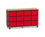 Flexeo Fahrbares Containersystem mit Ablage, 12 große Boxen Buche dunkel, rot (Zoom)