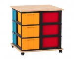 Flexeo Fahrbares Containersystem mit Ablage, 12 große Boxen Buche hell, Boxen bunt (Zoom)