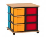 Flexeo Fahrbares Containersystem mit Ablage, 12 große Boxen Buche dunkel, Boxen bunt (Zoom)
