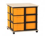 Flexeo Fahrbares Containersystem mit Ablage, 12 große Boxen Ahorn honig, Boxen gelb (Zoom)