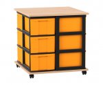 Flexeo Fahrbares Containersystem mit Ablage, 12 große Boxen Buche hell, Boxen gelb (Zoom)