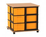 Flexeo Fahrbares Containersystem mit Ablage, 12 große Boxen Buche dunkel, Boxen gelb (Zoom)