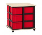 Flexeo Fahrbares Containersystem mit Ablage, 12 große Boxen Ahorn honig, Boxen rot (Zoom)