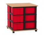 Flexeo Fahrbares Containersystem mit Ablage, 12 große Boxen Buche dunkel, Boxen rot (Zoom)