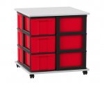 Flexeo Fahrbares Containersystem mit Ablage, 12 große Boxen grau, Boxen rot (Zoom)