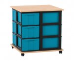Flexeo Fahrbares Containersystem mit Ablage, 12 große Boxen Buche hell, Boxen blau (Zoom)