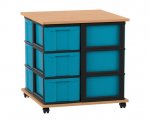 Flexeo Fahrbares Containersystem mit Ablage, 12 große Boxen Buche dunkel, Boxen blau (Zoom)