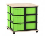 Flexeo Fahrbares Containersystem mit Ablage, 12 große Boxen Ahorn honig, Boxen grün (Zoom)