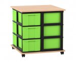 Flexeo Fahrbares Containersystem mit Ablage, 12 große Boxen Buche hell, Boxen grün (Zoom)