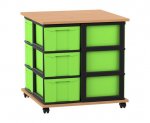 Flexeo Fahrbares Containersystem mit Ablage, 12 große Boxen Buche dunkel, Boxen grün (Zoom)