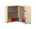 Flexeo Klapp-Wagen, fahrbar, 4 Fachböden, 6 große Boxen Ahorn honig, Boxen bunt (Zoom)