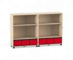 Flexeo Klapp-Wagen, fahrbar, 4 Fachböden, 6 große Boxen Ahorn honig, Boxen rot  (Zoom)