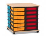 Flexeo Fahrbares Containersystem mit Ablage, 24 kleine Boxen Buche hell, Boxen bunt (Zoom)