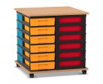 Flexeo Fahrbares Containersystem mit Ablage, 24 kleine Boxen Buche dunkel, Boxen bunt (Zoom)