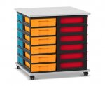 Flexeo Fahrbares Containersystem mit Ablage, 24 kleine Boxen grau, Boxen bunt (Zoom)