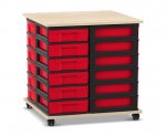 Flexeo Fahrbares Containersystem mit Ablage, 24 kleine Boxen Ahorn honig, Boxen rot (Zoom)