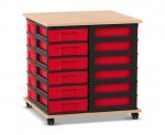 Flexeo Fahrbares Containersystem mit Ablage, 24 kleine Boxen Buche hell, Boxen rot (Zoom)