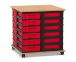 Flexeo Fahrbares Containersystem mit Ablage, 24 kleine Boxen Buche dunkel, Boxen rot (Zoom)