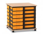 Flexeo Fahrbares Containersystem mit Ablage, 24 kleine Boxen Buche hell, Boxen gelb (Zoom)