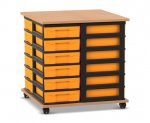 Flexeo Fahrbares Containersystem mit Ablage, 24 kleine Boxen Buche dunkel, Boxen gelb (Zoom)