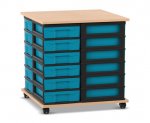 Flexeo Fahrbares Containersystem mit Ablage, 24 kleine Boxen Buche hell, Boxen blau (Zoom)
