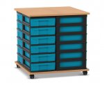 Flexeo Fahrbares Containersystem mit Ablage, 24 kleine Boxen Buche dunkel, Boxen blau (Zoom)