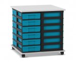 Flexeo Fahrbares Containersystem mit Ablage, 24 kleine Boxen grau, Boxen blau (Zoom)