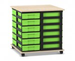 Flexeo Fahrbares Containersystem mit Ablage, 24 kleine Boxen Ahorn honig, Boxen grün (Zoom)