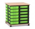 Flexeo Fahrbares Containersystem mit Ablage, 24 kleine Boxen Buche hell, Boxen grün (Zoom)