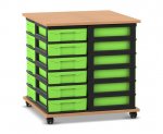 Flexeo Fahrbares Containersystem mit Ablage, 24 kleine Boxen Buche dunkel, Boxen grün (Zoom)