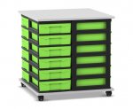 Flexeo Fahrbares Containersystem mit Ablage, 24 kleine Boxen grau, Boxen grün (Zoom)