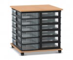 Flexeo Fahrbares Containersystem mit Ablage, 24 kleine Boxen Buche dunkel, Boxen transparent (Zoom)