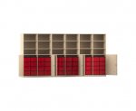 Flexeo Systemschrankwand Antares, 48 große Boxen, 18 Fächer Ahorn honig, Boxen rot (Zoom)