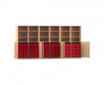 Flexeo Systemschrankwand Antares, 48 große Boxen, 18 Fächer Buche hell, Boxen rot (Zoom)